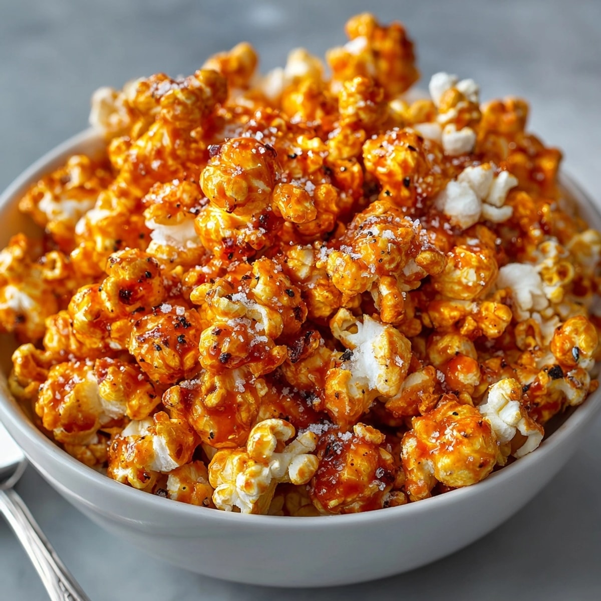 Crispy, fiery Spicy Sriracha Popcorn recipe: golden kernels coated in vibrant red sauce, ready to eat.