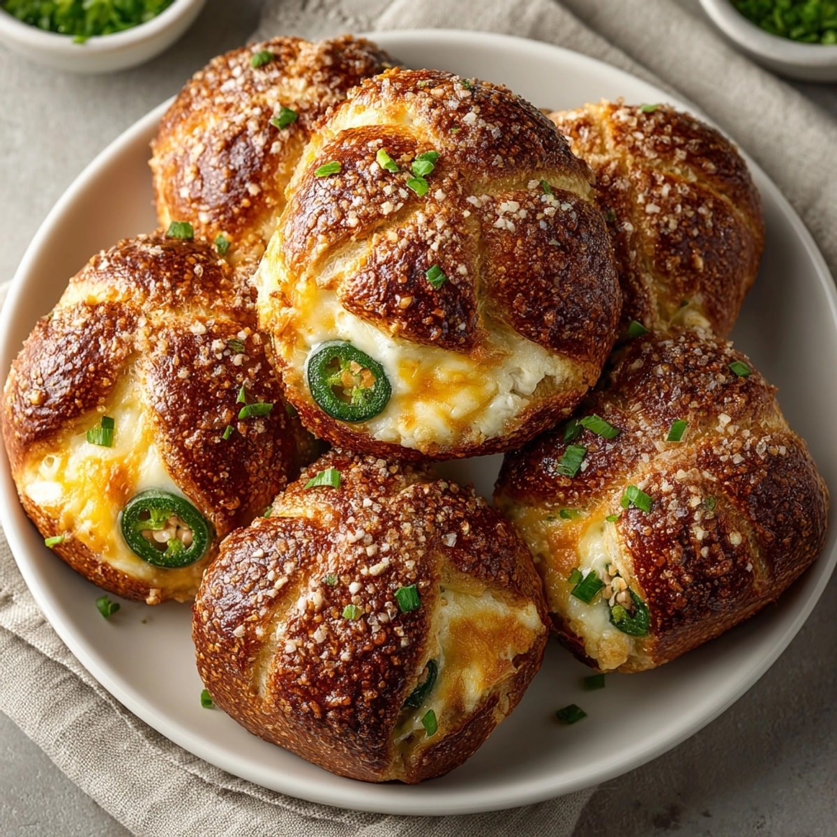Golden Jalapeño Cheddar Stuffed Pretzel Bites, ready to bake for game day snacking.