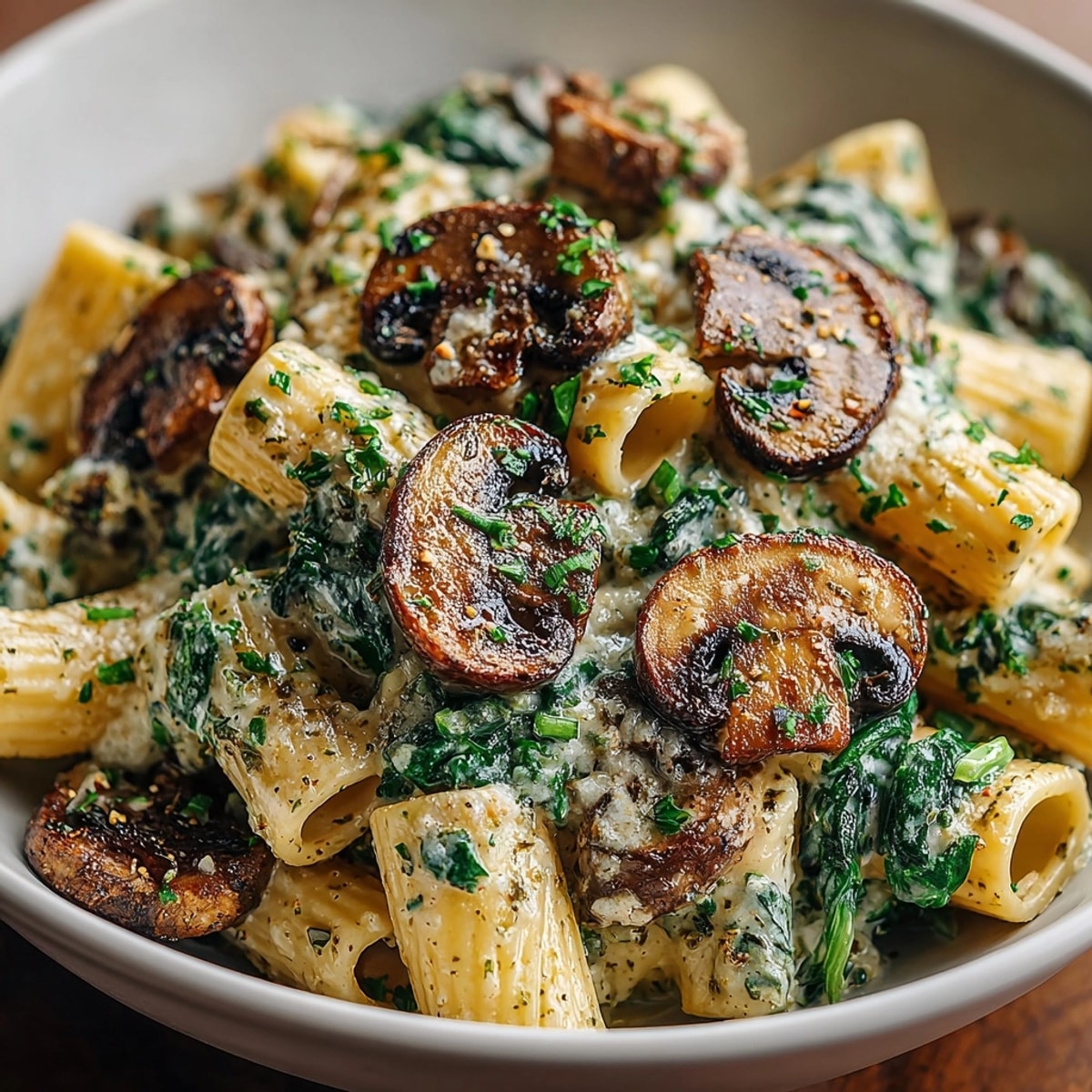 One-Pan Creamy Mushroom &#38; Spinach Pasta: golden brown mushrooms tossed with tender spinach, ready to serve.