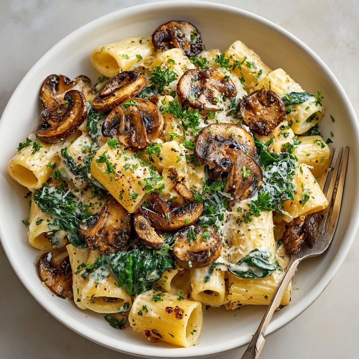 A comforting bowl of One-Pan Creamy Mushroom &#38;amp; Spinach Pasta; cheesy, quick weeknight dinner.