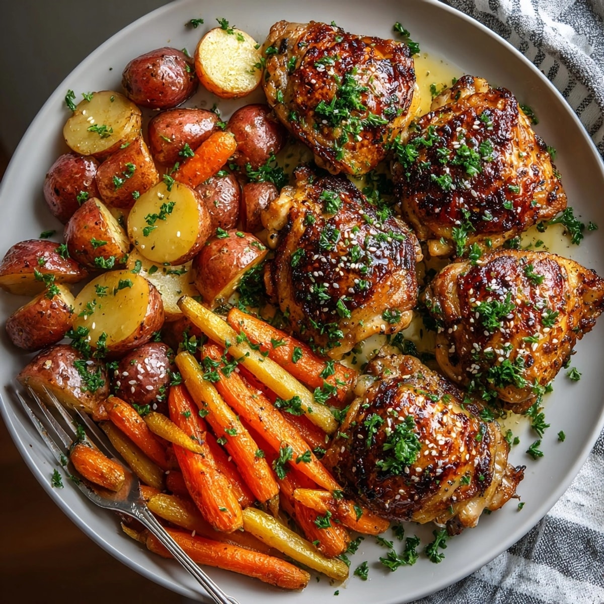Golden-brown Honey Garlic Butter Chicken Thighs recipe, served over fluffy white rice.