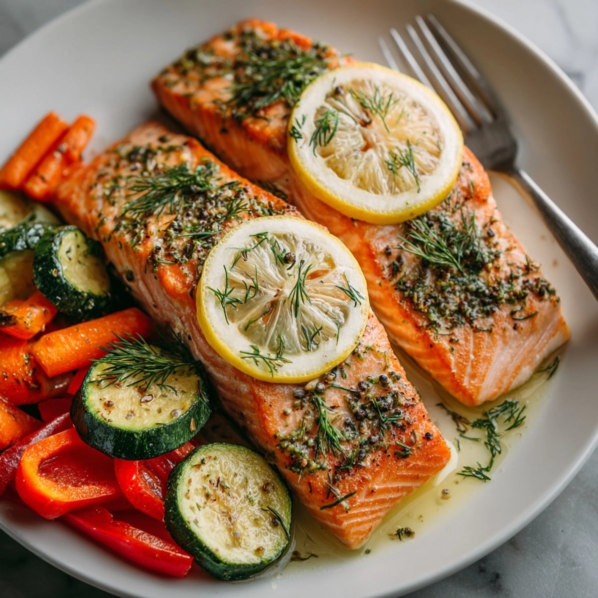 Sheet Pan Lemon Herb Salmon and Veggies sizzling with bright lemon and fresh herbs.