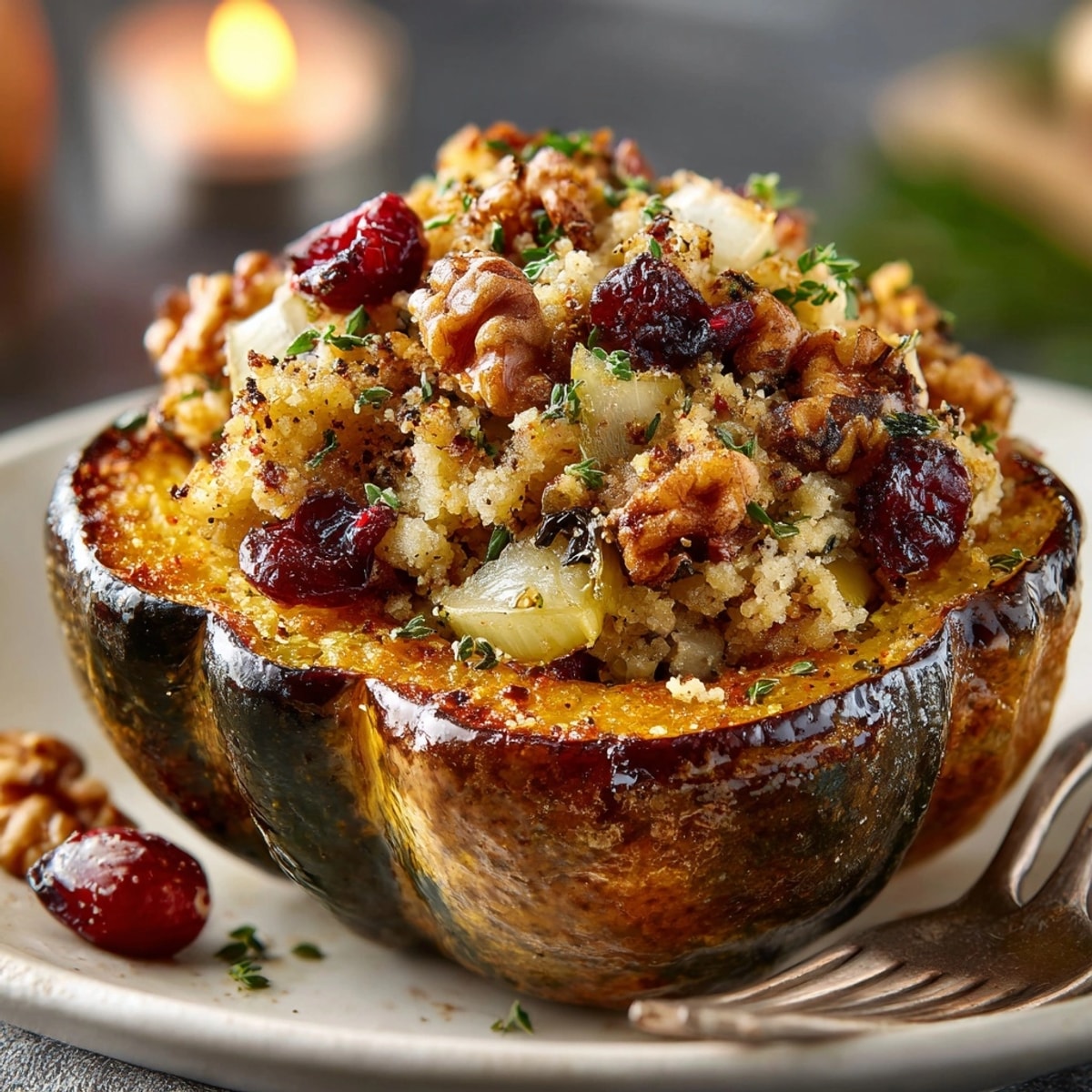 Roasted acorn squash halves overflowing; delicious cranberry walnut stuffing glistens topped with toasted walnuts.