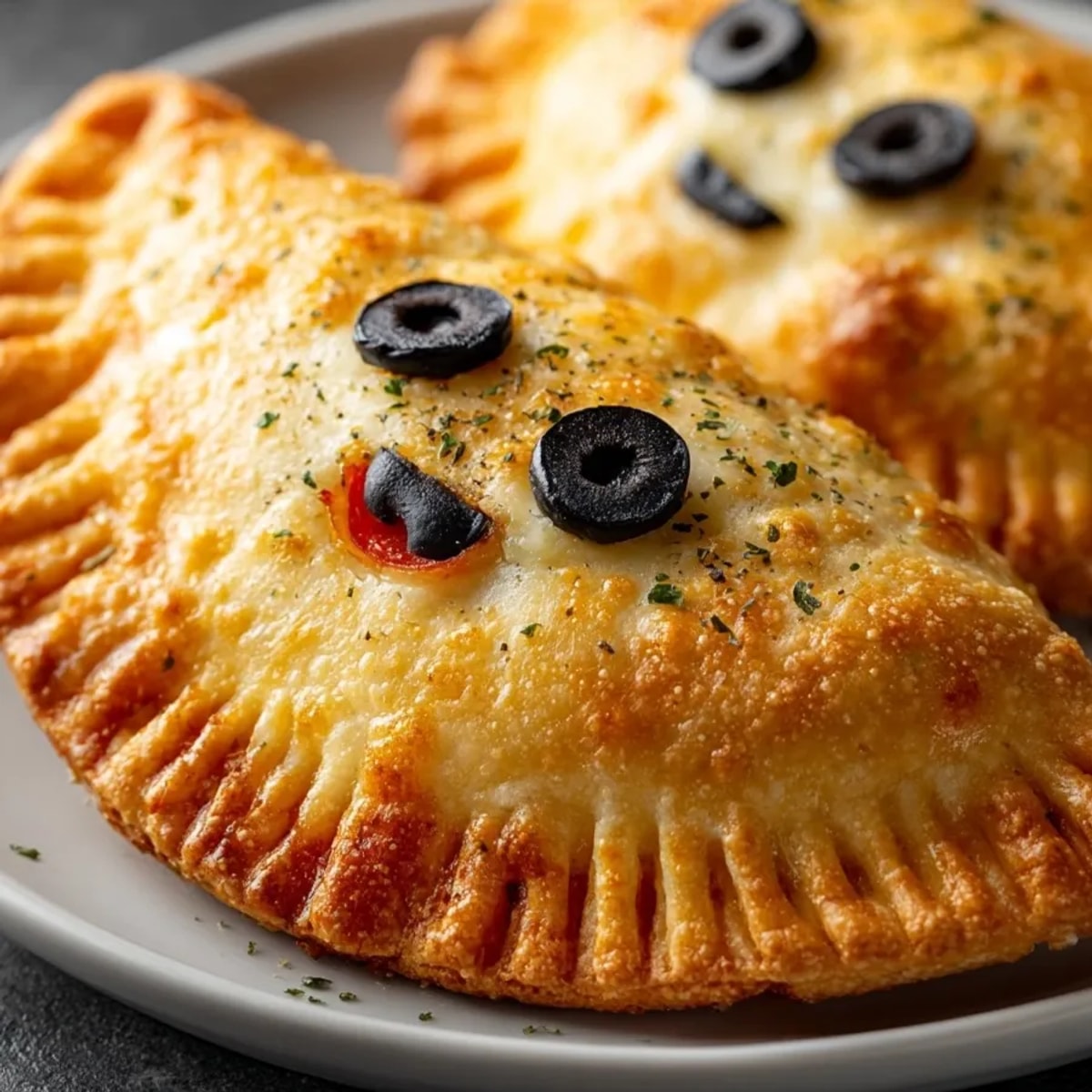 Golden-brown Ghost Calzone Pockets, ready to eat, ghostly shaped and stuffed with cheese.