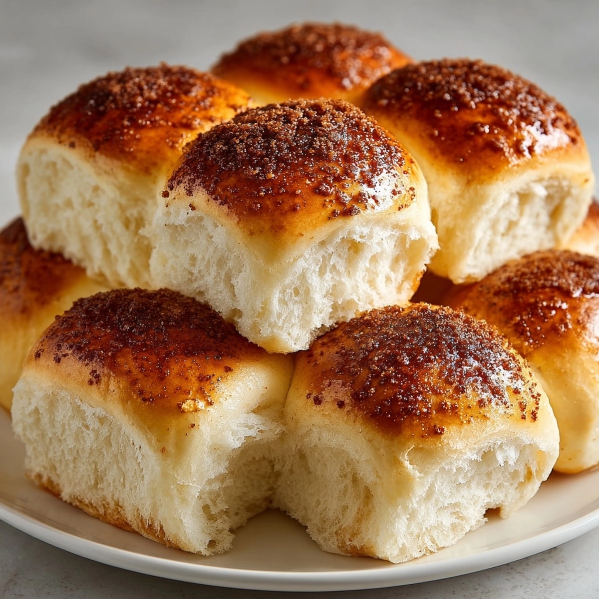 Close-up on a batch of freshly-baked Pumpkin Spice Dinner Rolls, ready to serve.