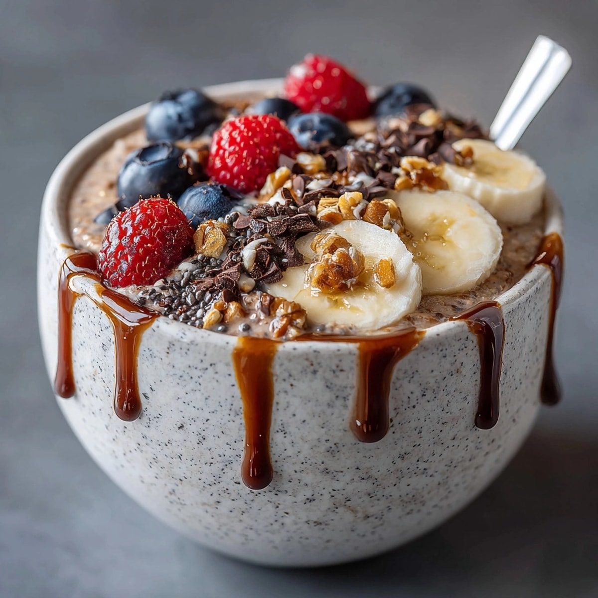 Delicious mocha overnight oats in a glass jar, easy breakfast with coffee flavor.