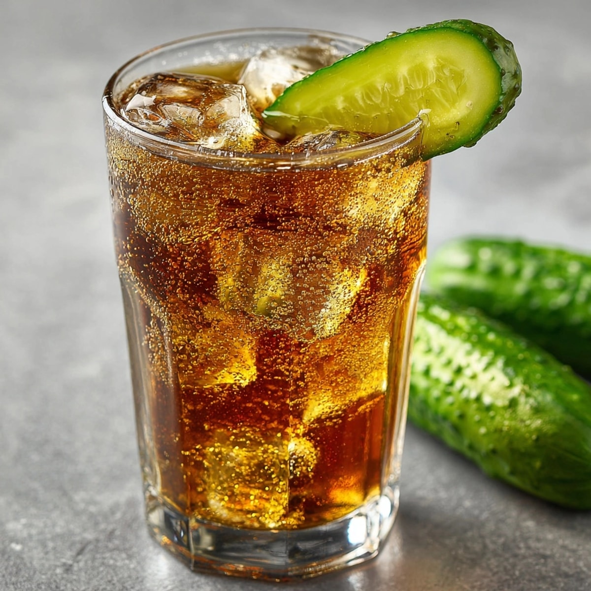 Icy tall glass of Pickle Juice Cola with fizzy bubbles and a dilly garnish.