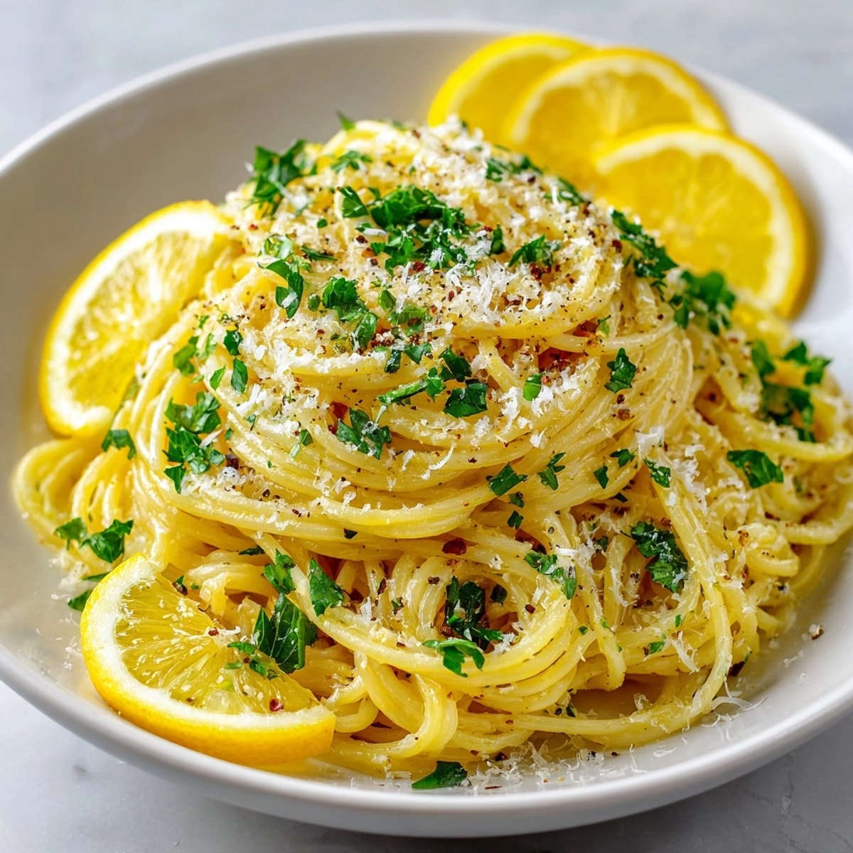 Close-up of glistening Lemon Capellini on a white plate, ready for a fresh dinner.