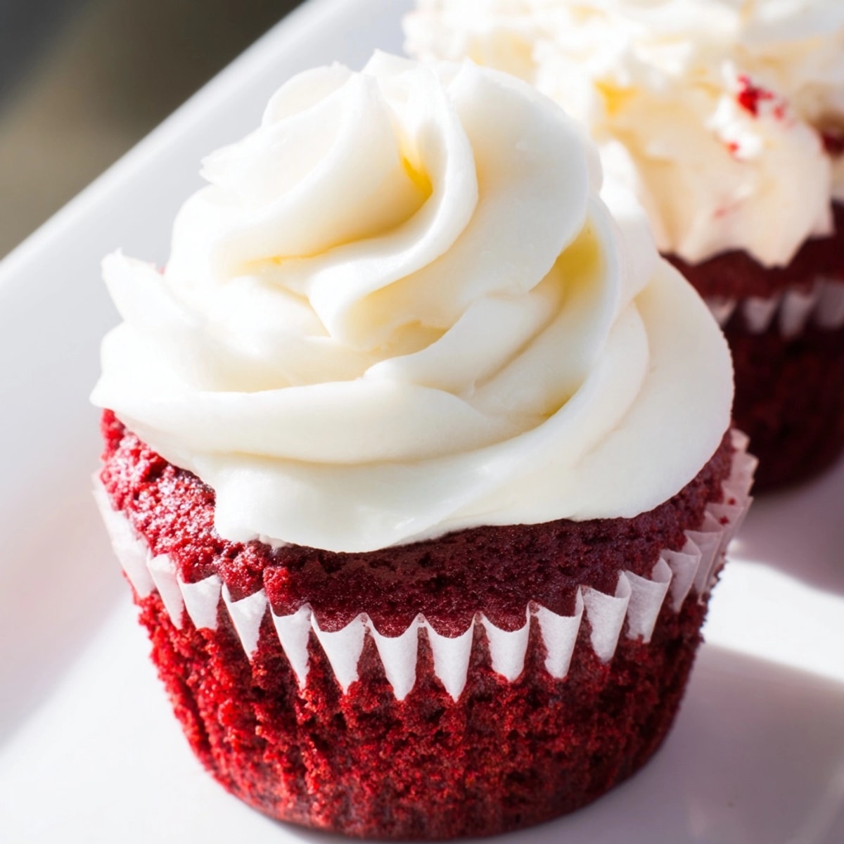 Homemade Red Velvet Cupcakes with swirls of cream cheese frosting, ready to eat.