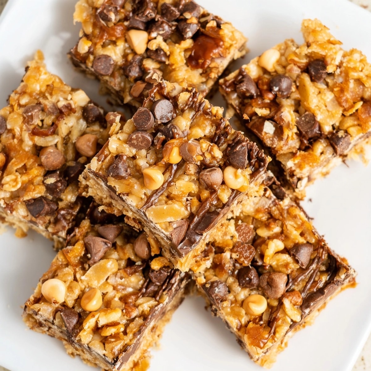 Stacked Seven-Layer Bars glistens; condensed milk coats layers of chocolate and nut deliciousness.
