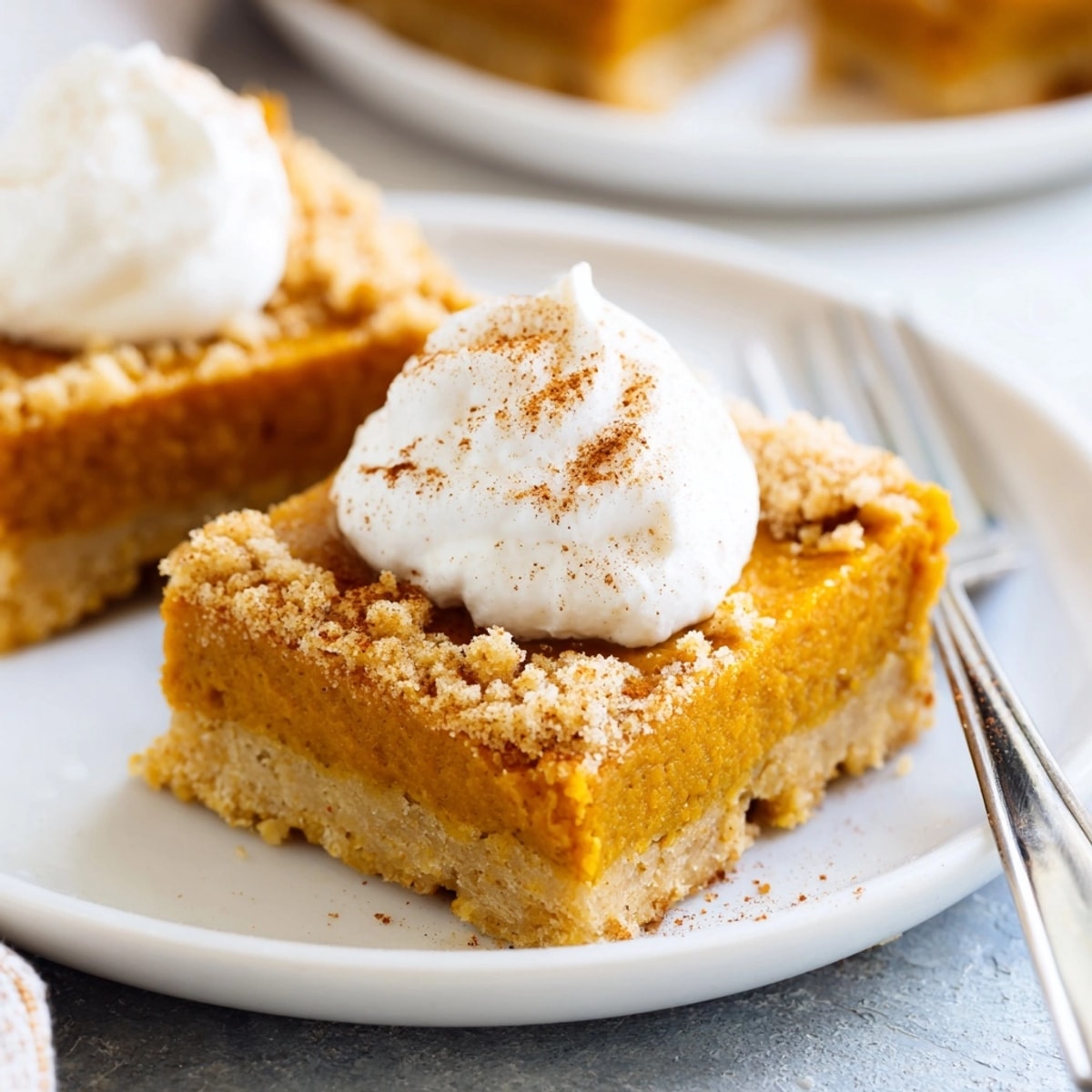 Creamy Pumpkin Pie Bars, spiced and baked until set, ready to slice and serve.