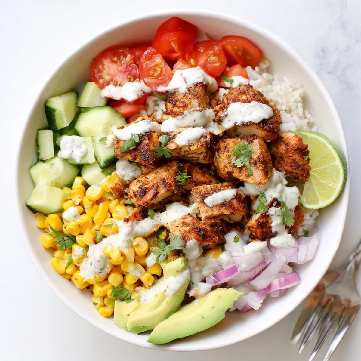 Cajun Chicken Ranch Rice Bowls: A vibrant, tasty mix with zesty lime wedges.