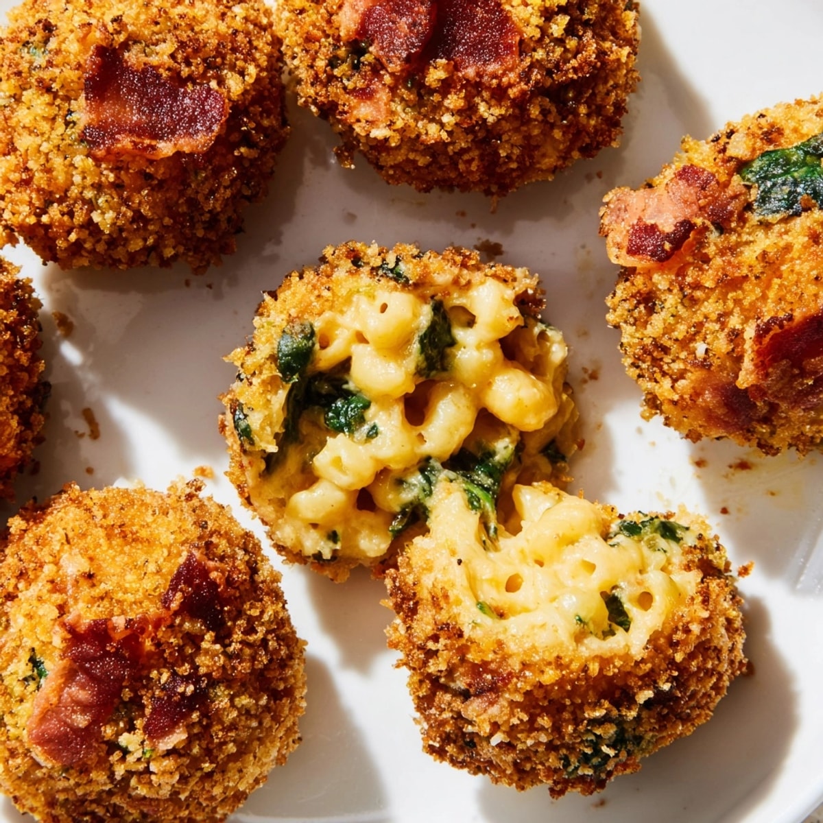 Cheesy, bacon-studded Mac and Cheese Bacon Spinach Poppers, hot and fresh from the fryer.