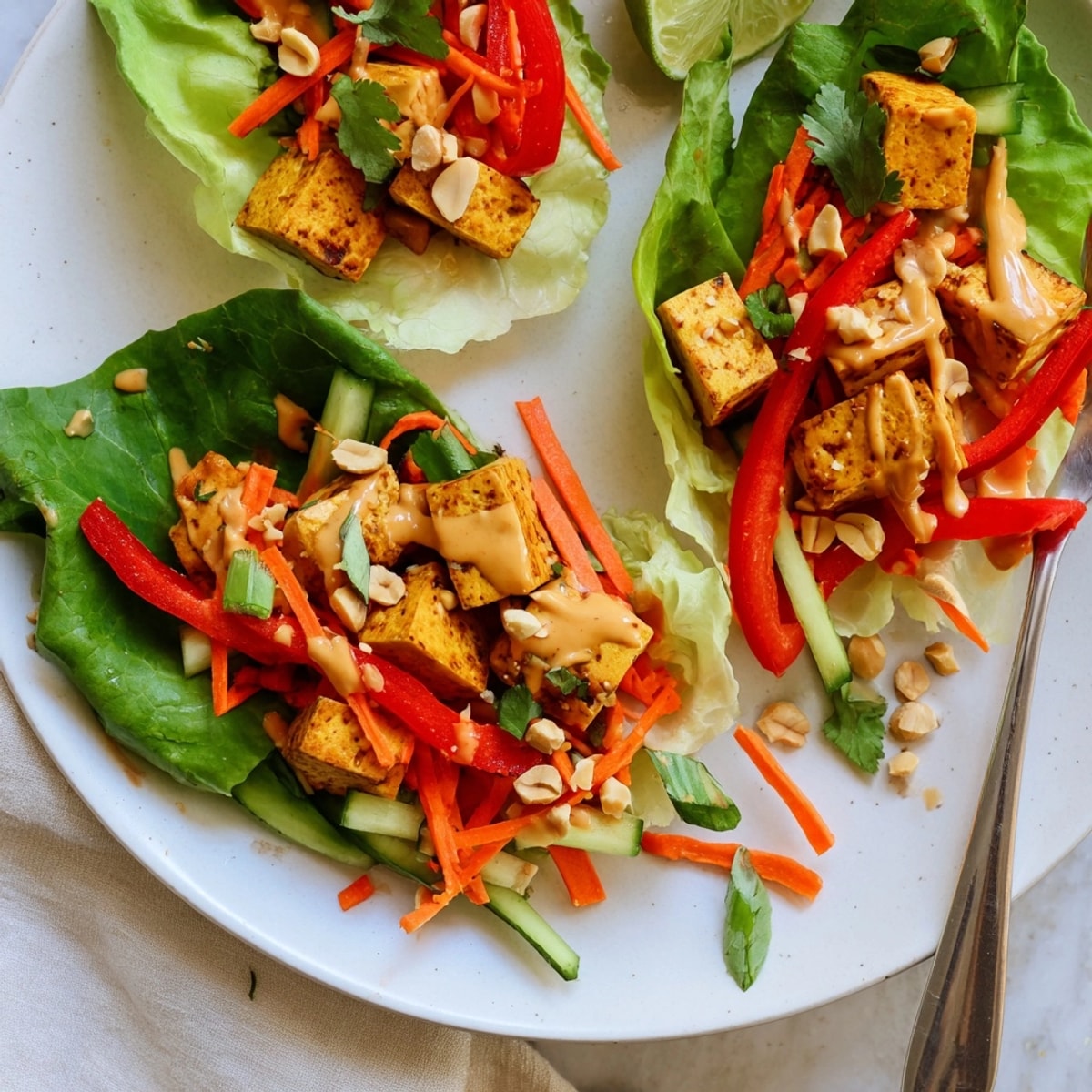 Golden, crispy Thai Peanut Tofu Lettuce Wraps, overflowing with colorful vegetables and creamy sauce.