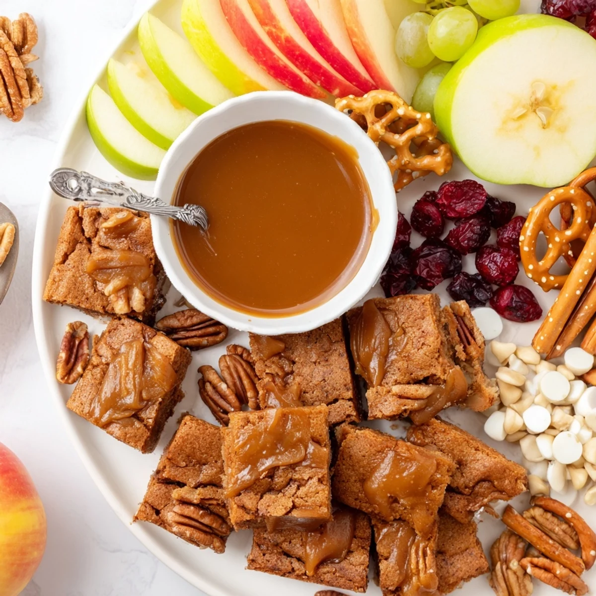 A beautiful Caramel Apple Blondie Charcuterie Board with colorful fruits and decadent toppings.  