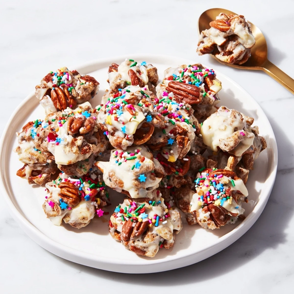 Delicious Holiday Snack Gingerbread Pretzel Clusters coated in creamy white chocolate and spices.  