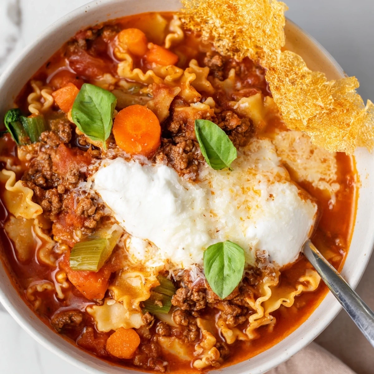Hearty Lasagne Soup with crispy Parmesan topping, perfect for chilly evenings.  