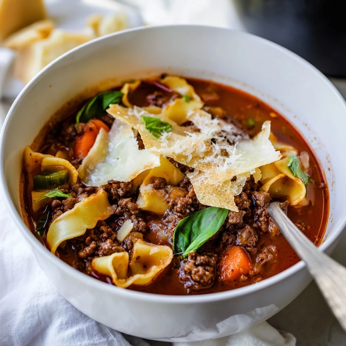 Comforting bowl of Lasagne Soup, enhanced by rich flavors and crispy cheese.