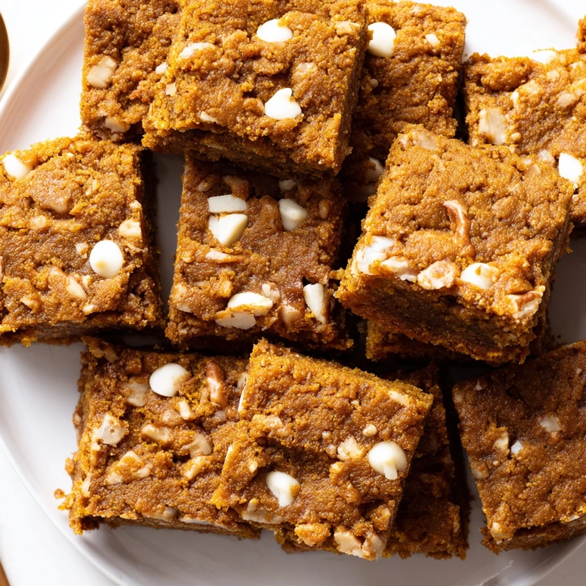 Moist pumpkin muffin blondie bars drizzled with white chocolate, perfect for fall treats.  