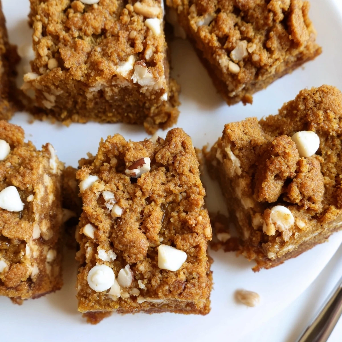 Warm pumpkin muffin blondie bars topped with crunchy nuts, ideal for autumn snacking.