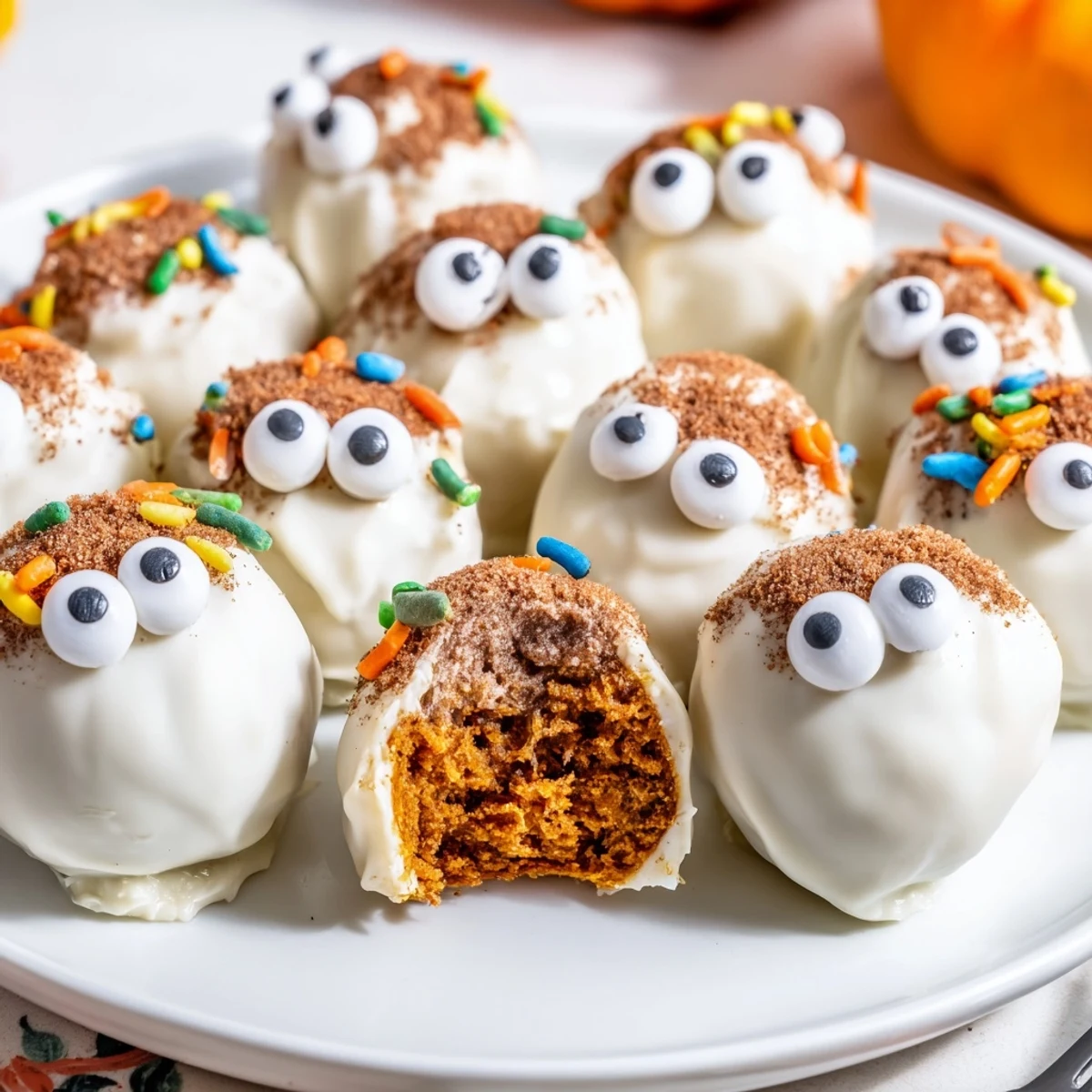 Delightful Sweet Potato Cinnamon Sugar Monster Cake Balls topped with candy eyes and sprinkles.  