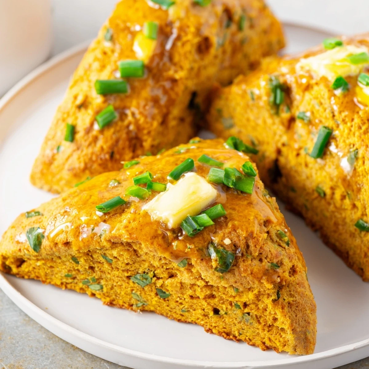 Savory Buffalo Ranch Chai Pumpkin Cake Scones topped with fresh chives and ranch seasoning.  