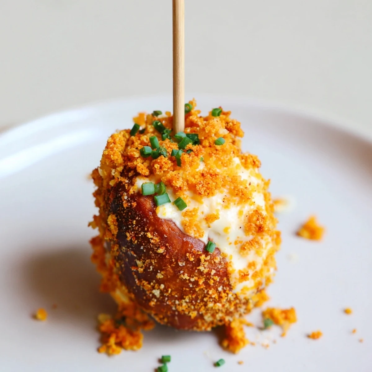 Savory Cream Cheese Flamin Hot Pretzel Biscuit Skewers served with fresh chives garnish.