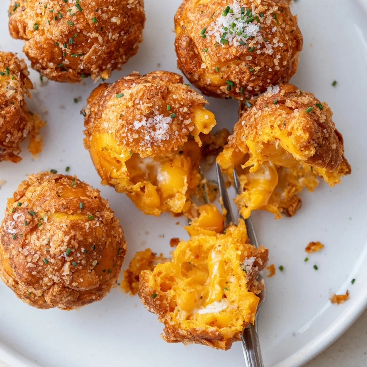 Savory Cheesy Pretzel Chili Garlic Biscuit Muffin Balls topped with flaky sea salt.  