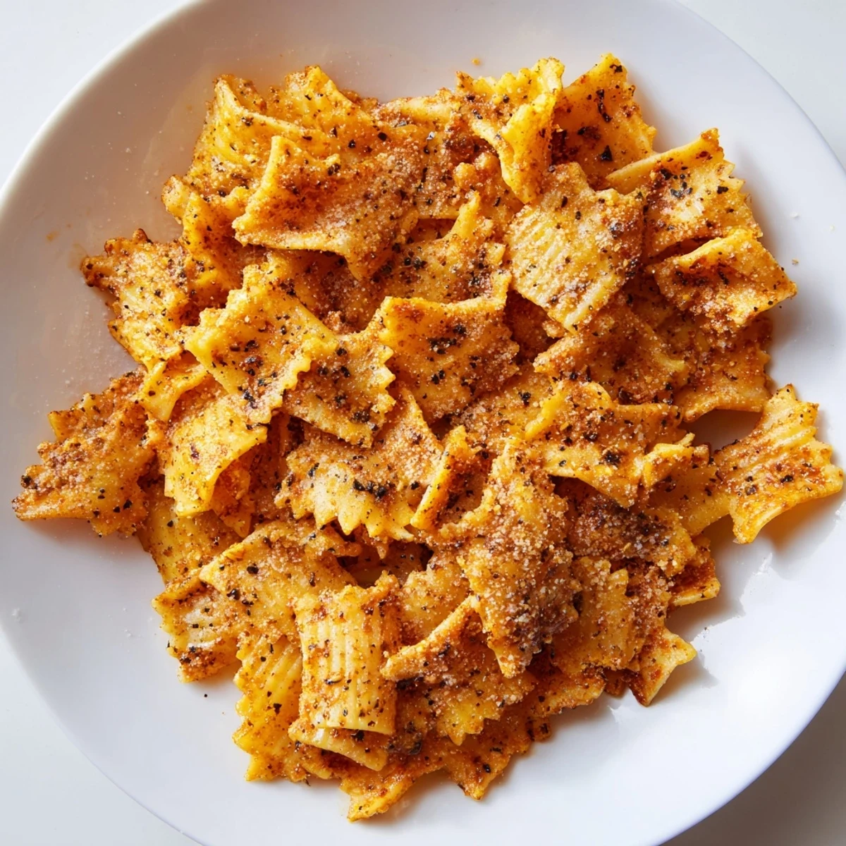 Golden-brown pasta chips seasoned with garlic and smoked paprika for a flavorful snack.  