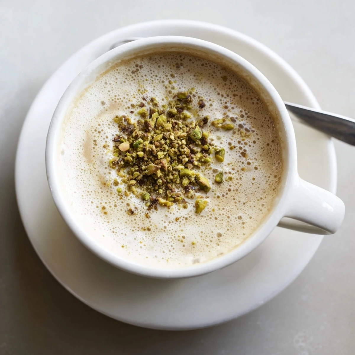 Creamy pistachio milk latte topped with crushed nuts and frothy milk art.  