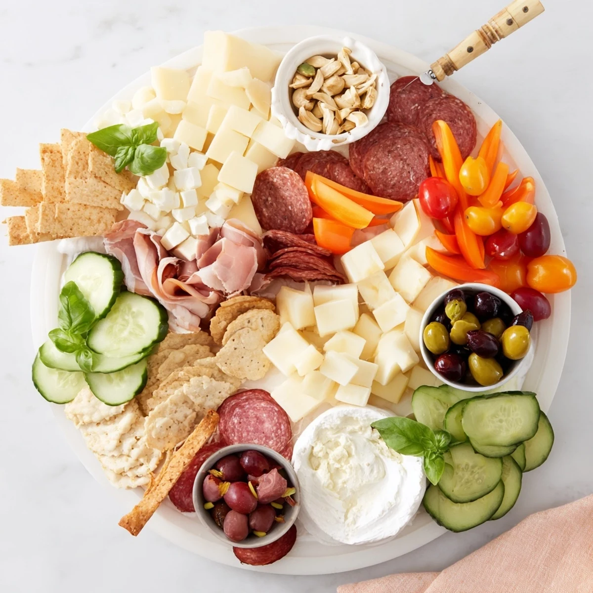 A colorful Girl Dinner Platter overflowing with cheeses, fruits, and crunchy snacks.  