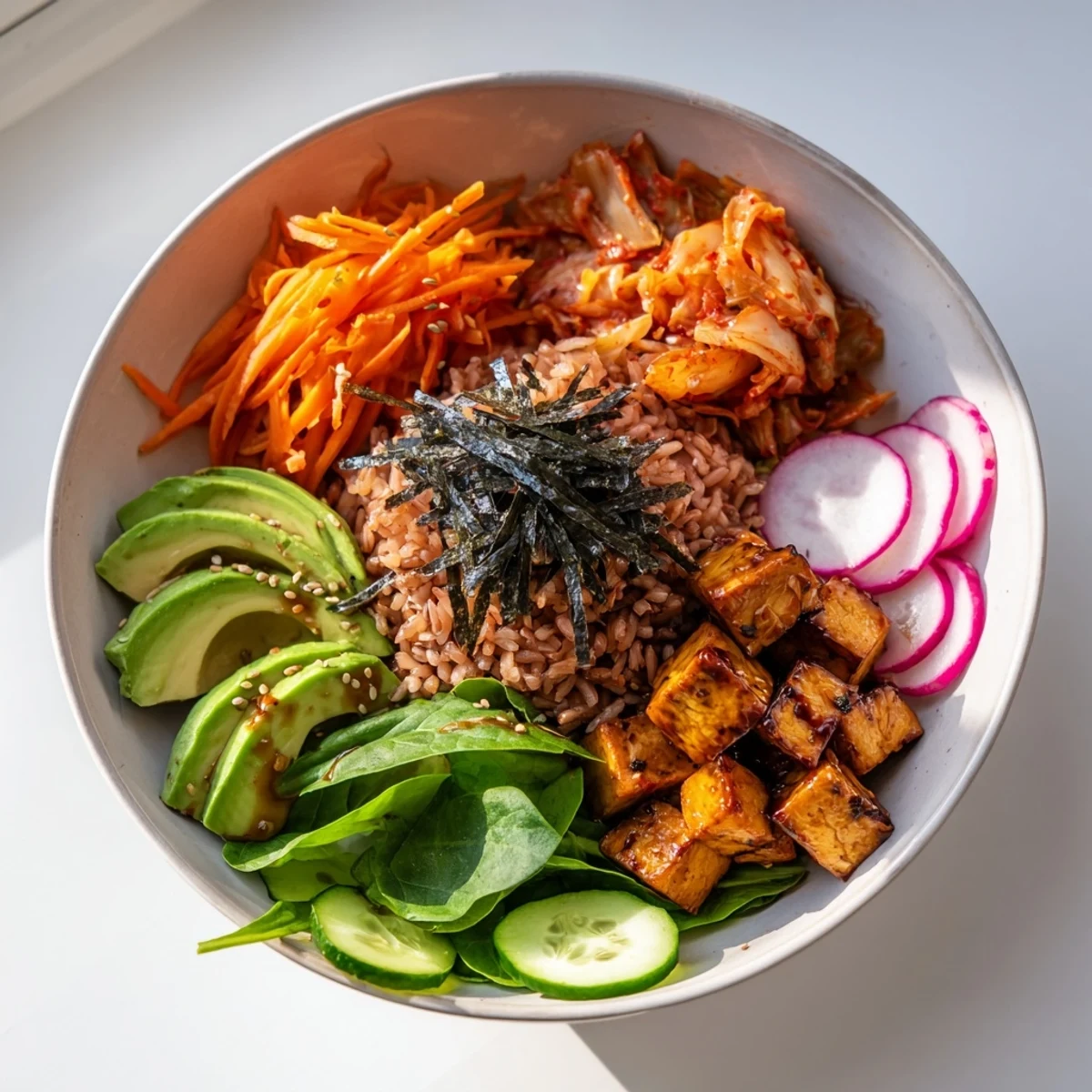A colorful Fermented Vegetable Bowl filled with crispy fresh vegetables and tangy kimchi.  