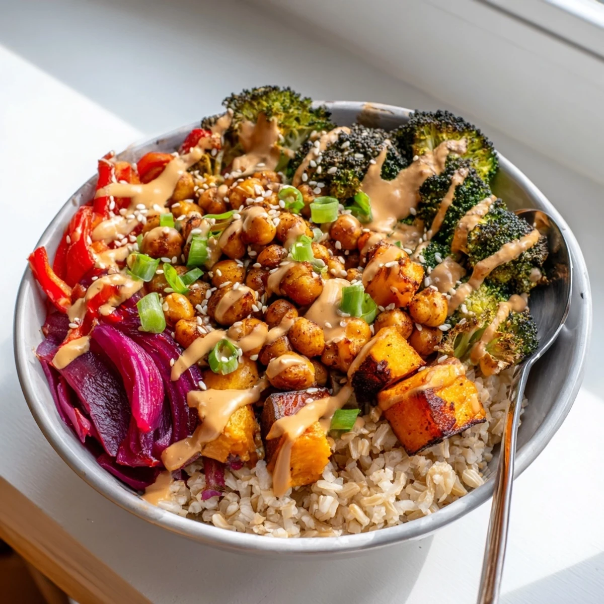 Vibrant and healthy Bold Sauce Drizzle Bowls topped with roasted veggies and flavorful sauces.  
