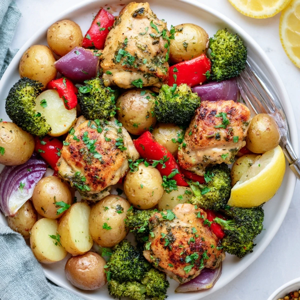 Satisfying Lazy Gourmet Chicken & Vegetable One-Pot served with fresh parsley and lemon wedges.