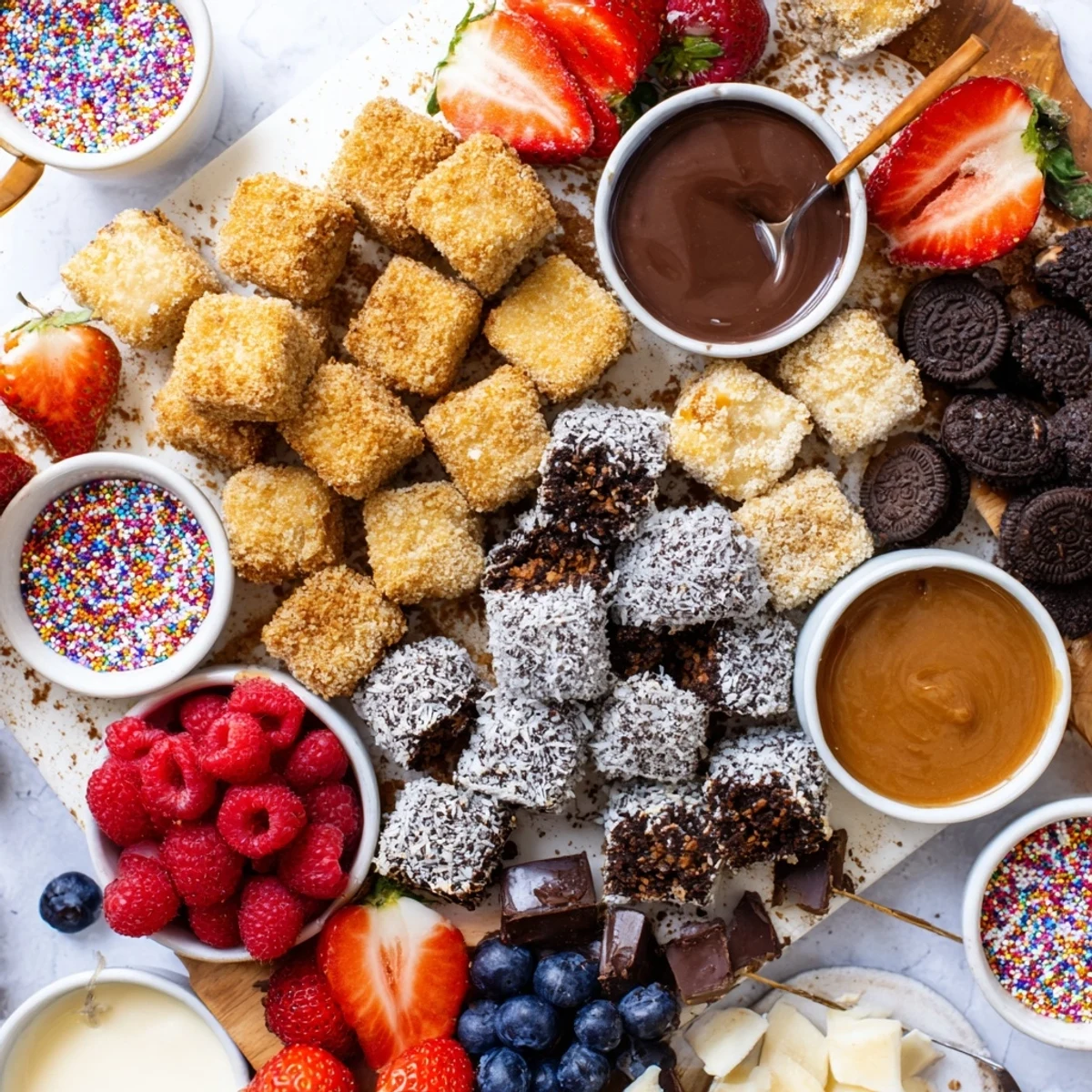 Visually delightful deconstructed dessert board with cheesecake bites and decadent topping options. 