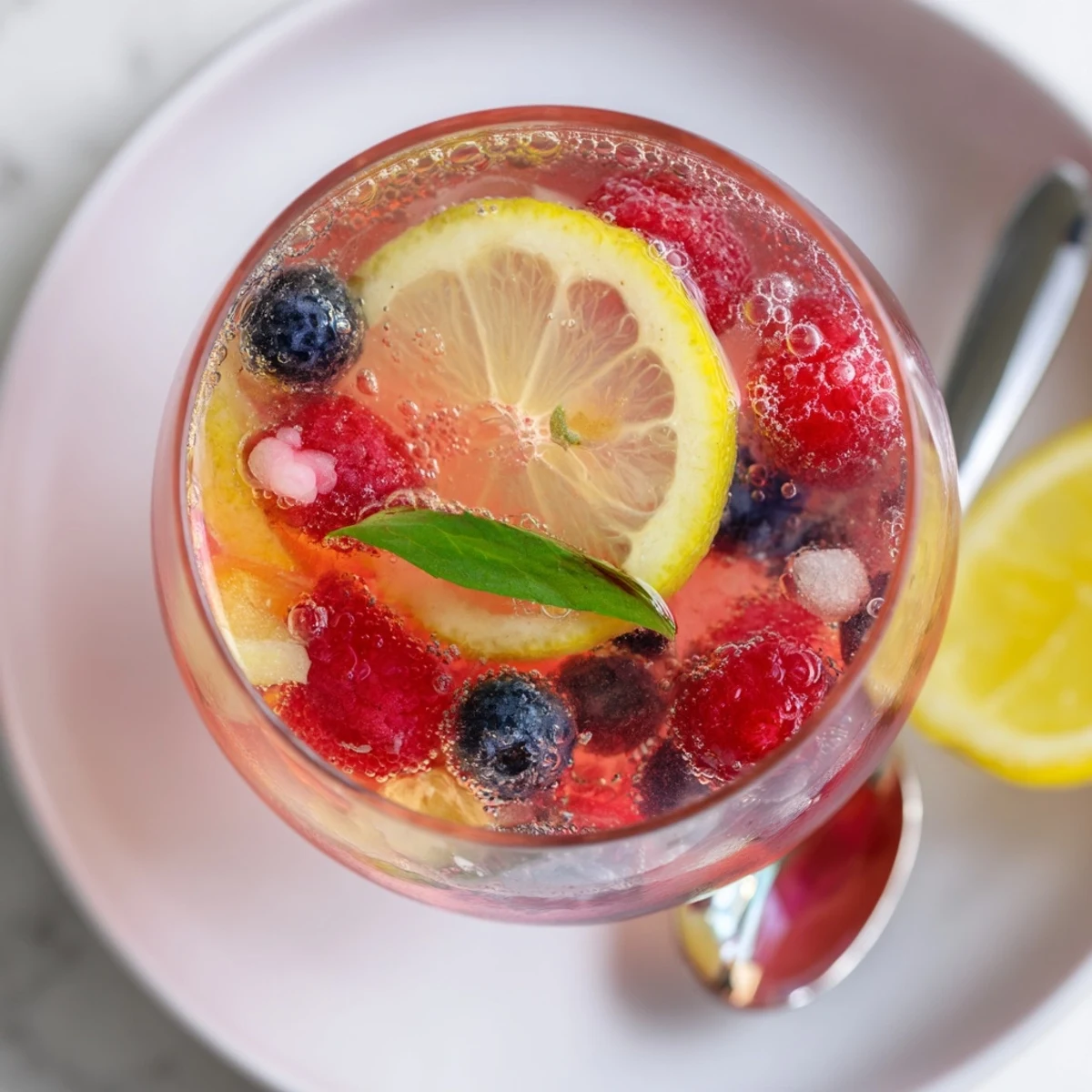 Refreshing homemade kombucha-style mocktails with vibrant berries and mint sprigs.  