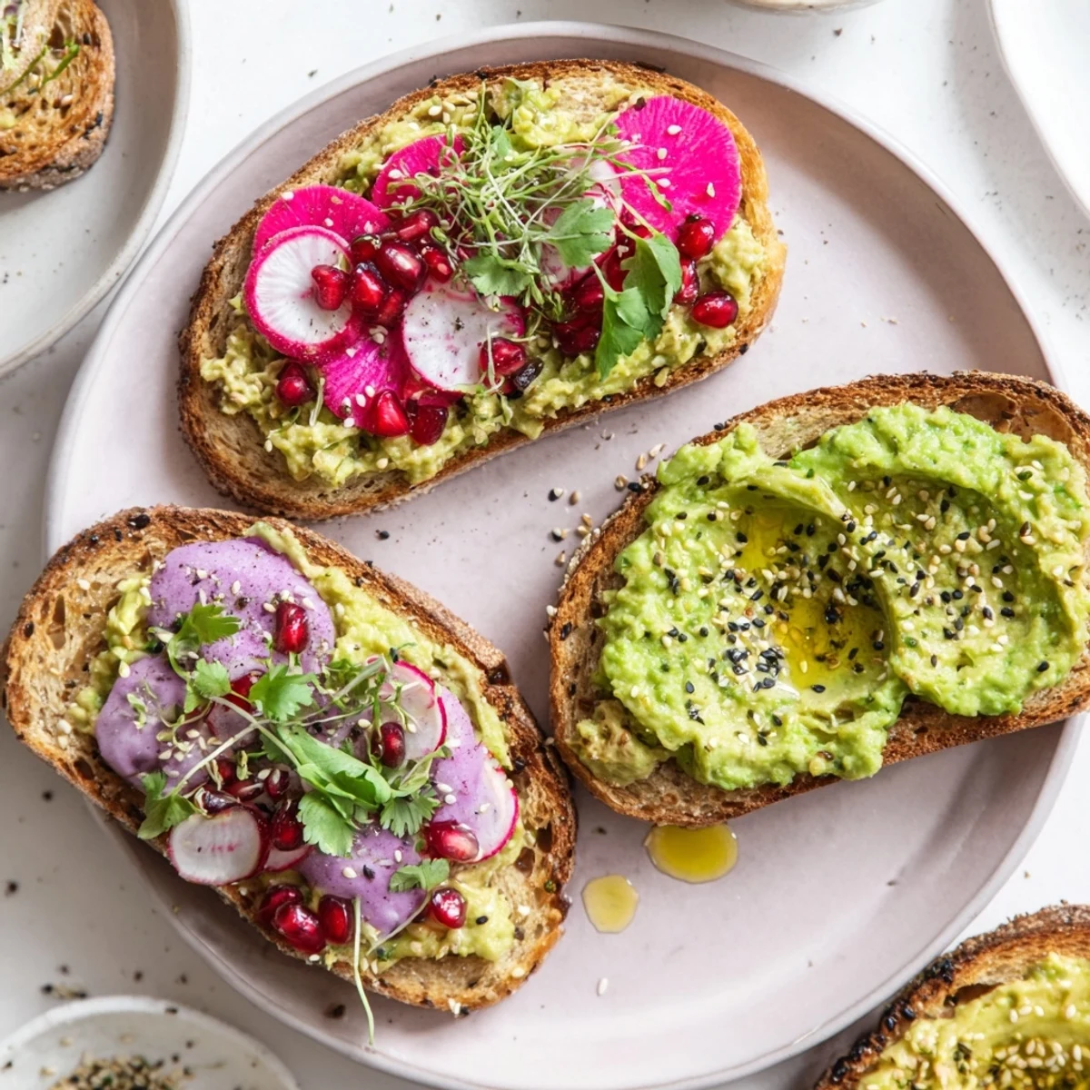 Vibrant Bright & Bold Breakfast Toasts topped with ube, avocado, and fresh radishes.  