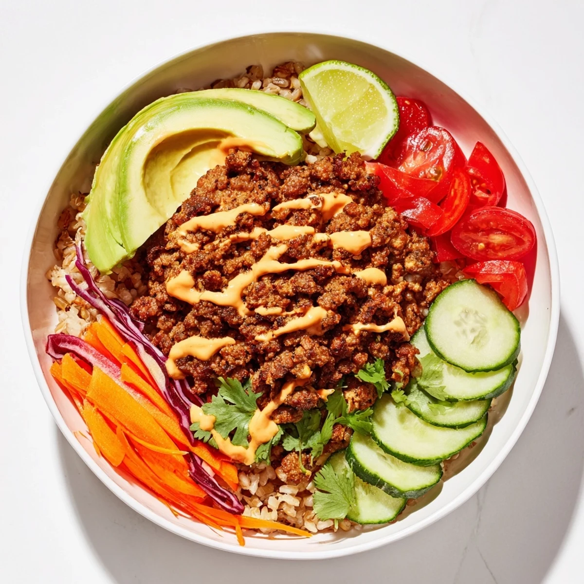 Colorful Plant-Based Meat Bowl topped with fresh veggies and spicy mayo drizzle.  