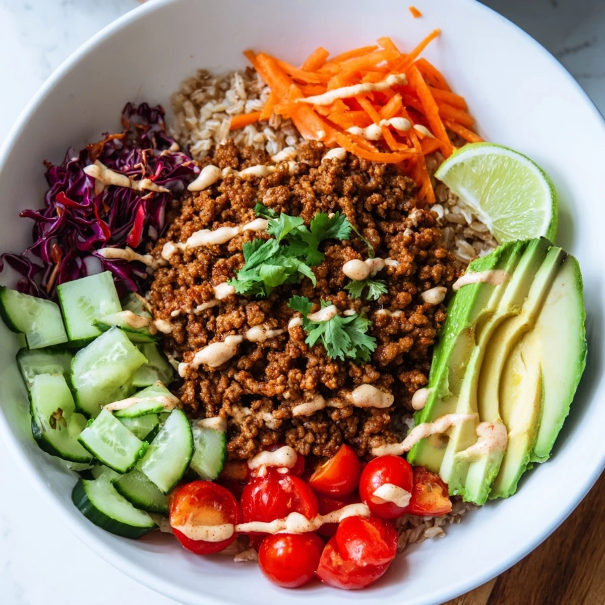 Vibrant Plant-Based Meat Bowl featuring creamy avocado and zesty lime wedges.  