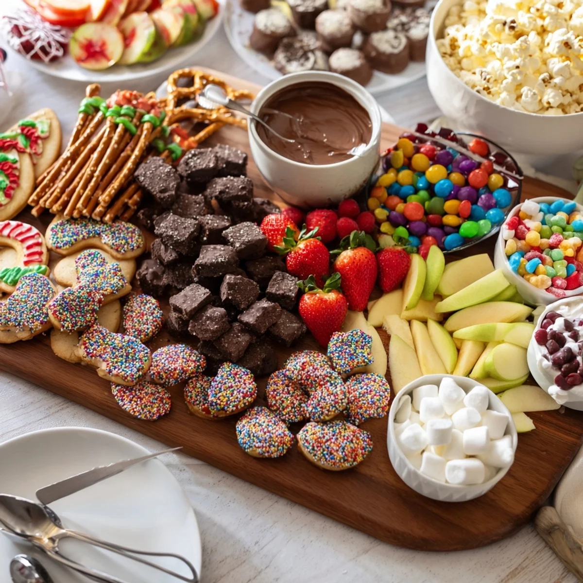 A colorful dessert board featuring themed snacks and sweet treats for celebrations.  