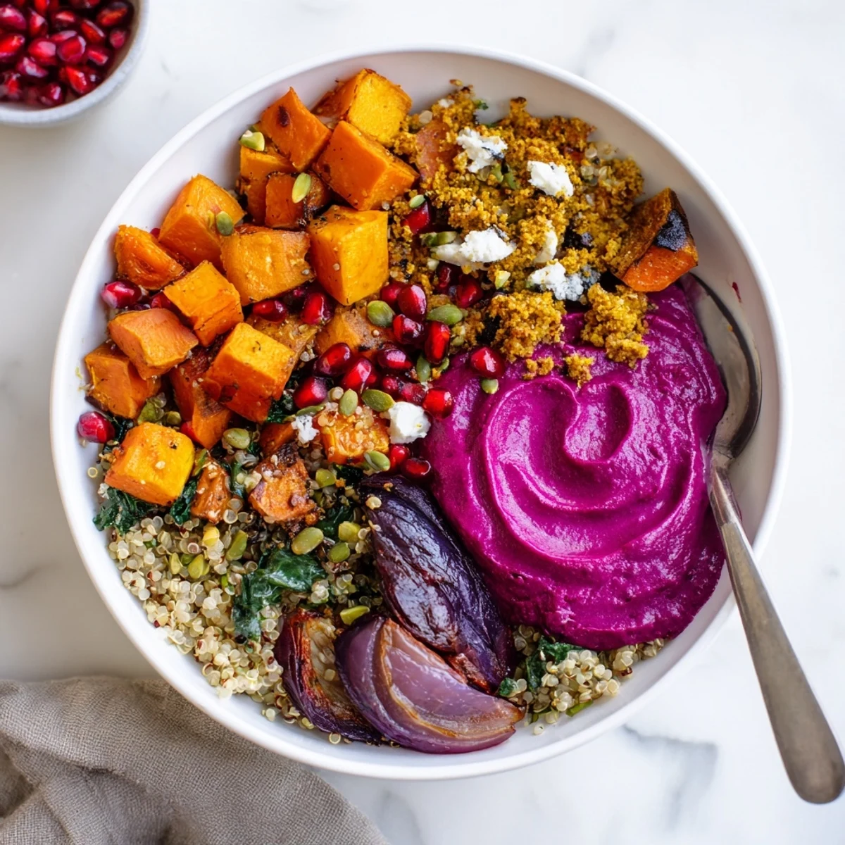 Cozy spiced winter bowls topped with roasted vegetables and ube-coconut purée.