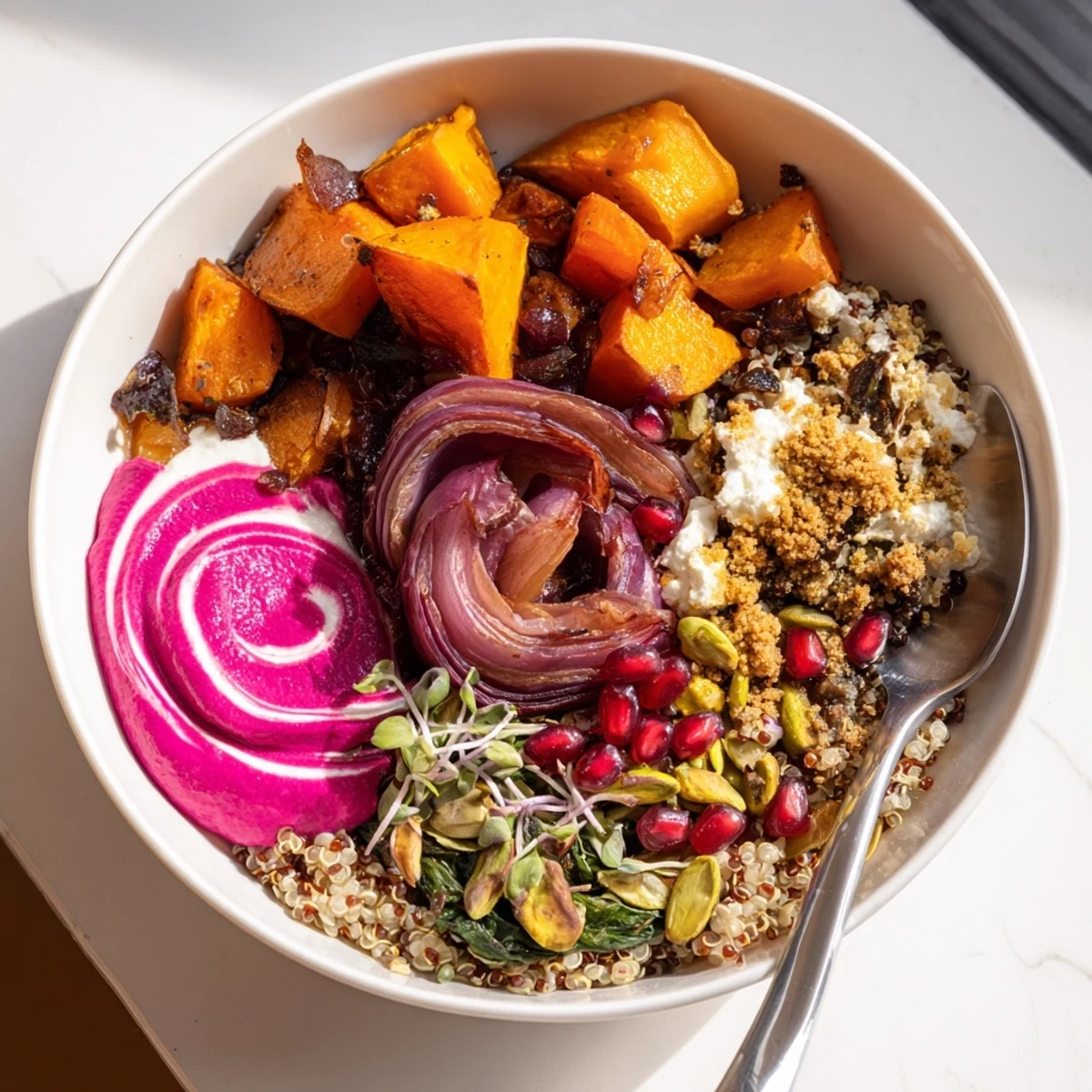 Nutrient-rich spiced winter bowls with sweet potatoes, pistachio crumble, and greens.