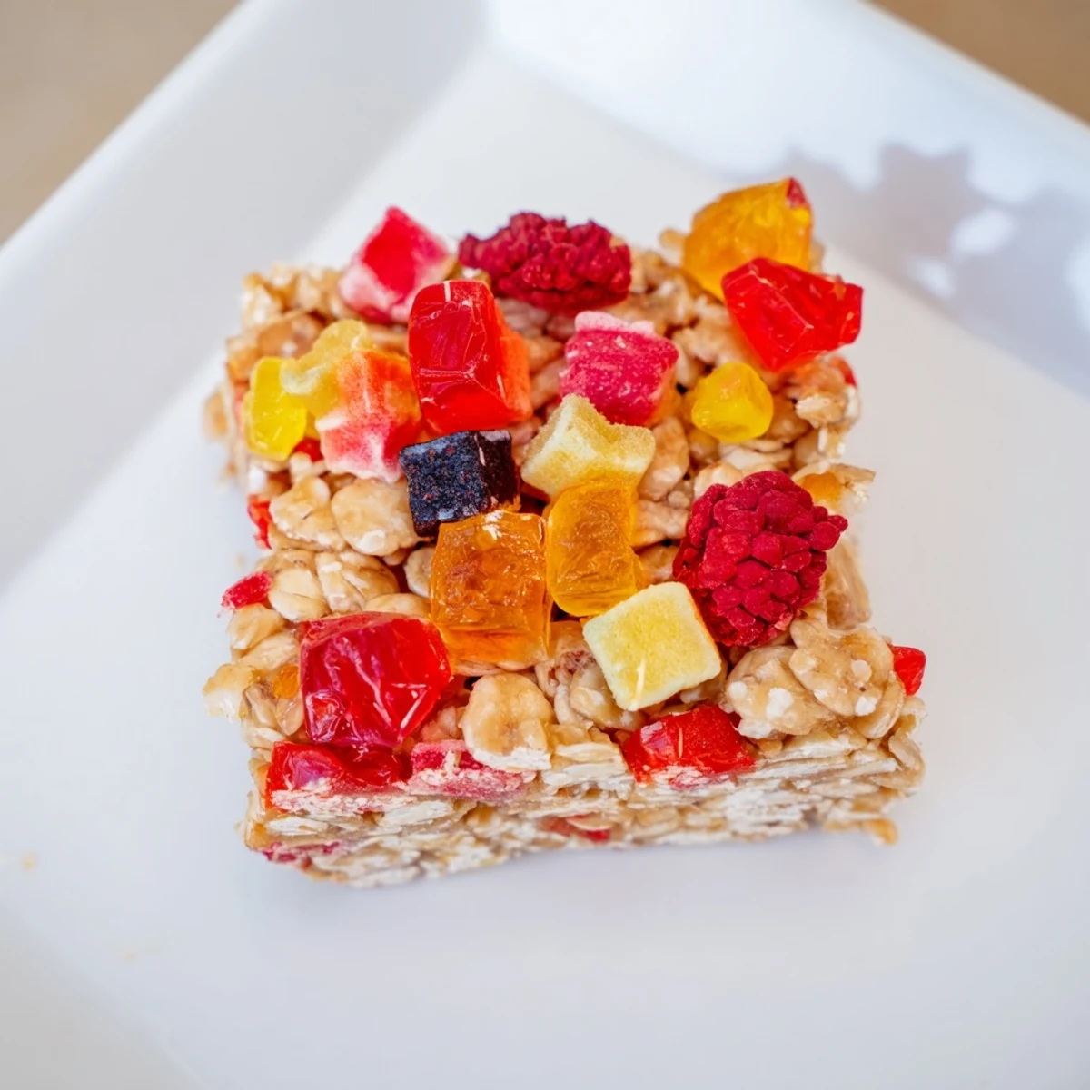 Delicious homemade gummies complement the oat base for a fun snack bar creation.