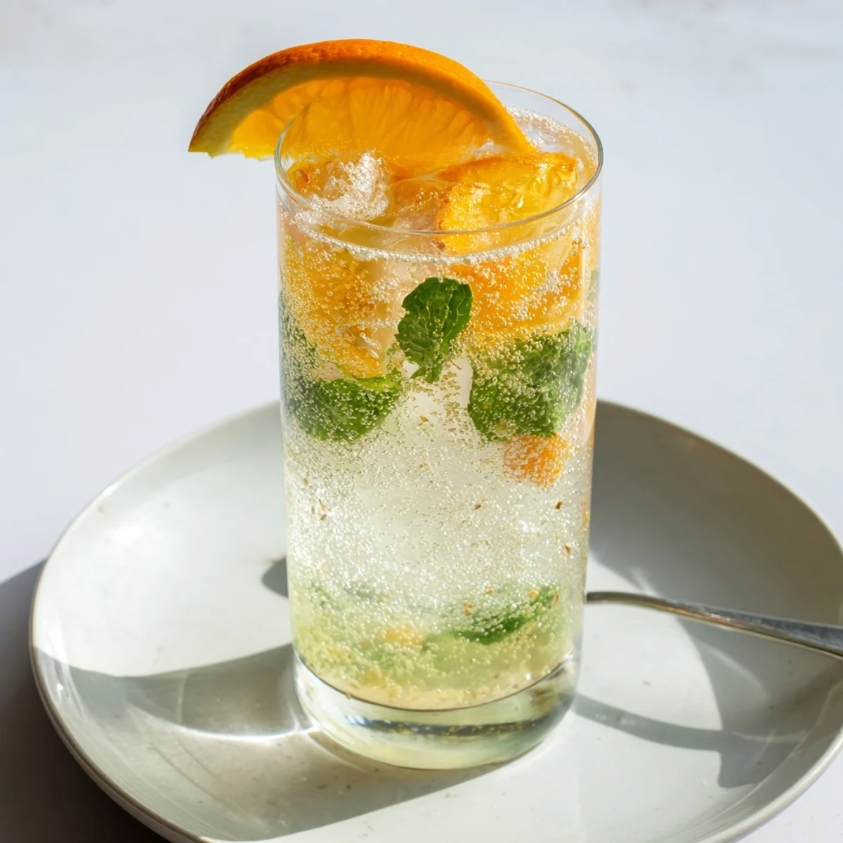Homemade Probiotic Soda Mocktail garnished with fresh mint and orange for summer delight.  