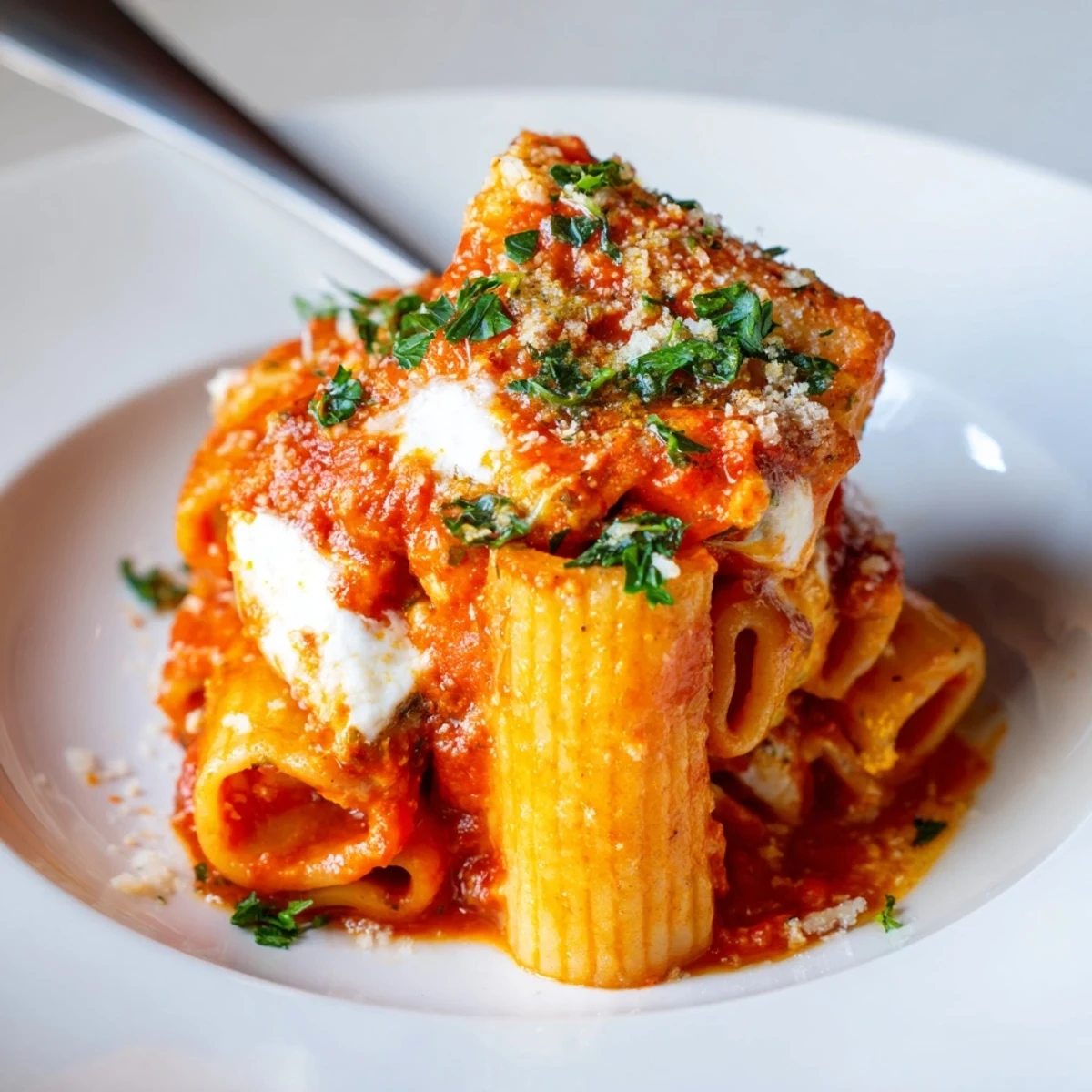 Slice of golden honeycomb pasta cake, bursting with gooey cheese and savory flavors.