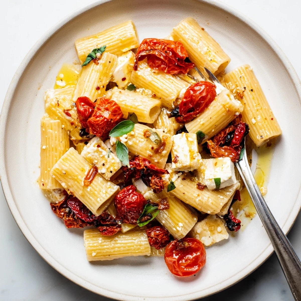 Creamy Baked Feta Pasta 2.0 topped with caramelized onions and sun-dried tomatoes.  