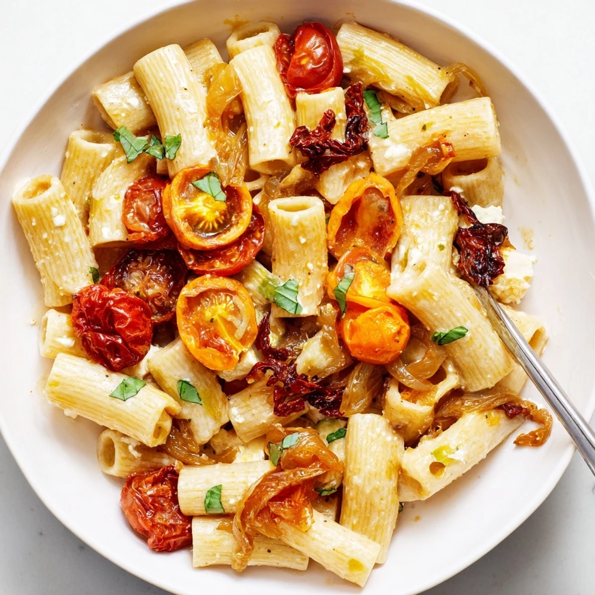 Delicious Baked Feta Pasta 2.0 served warm, drizzled with olive oil and fresh basil.