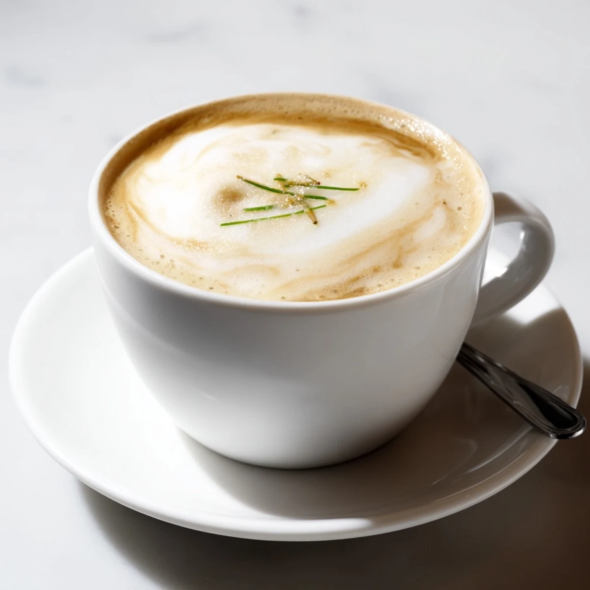 Savory onion latte with caramelized flavor and rich espresso, served warm.  