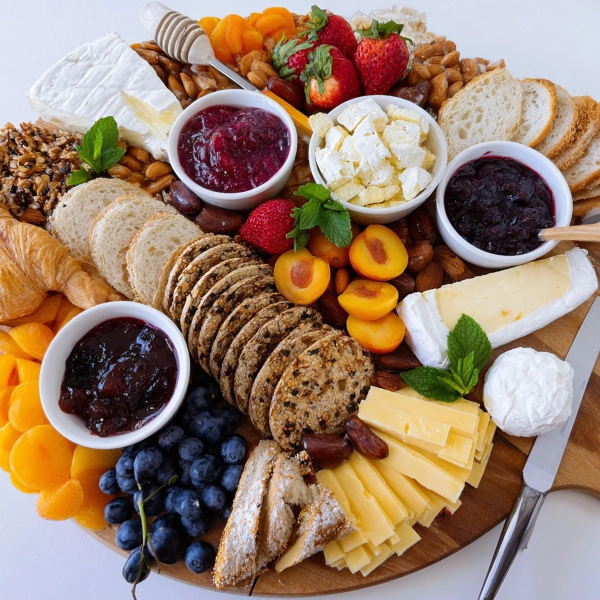 A beautiful jam-infused brunch board perfectly arranged with fresh fruits and cheeses.  