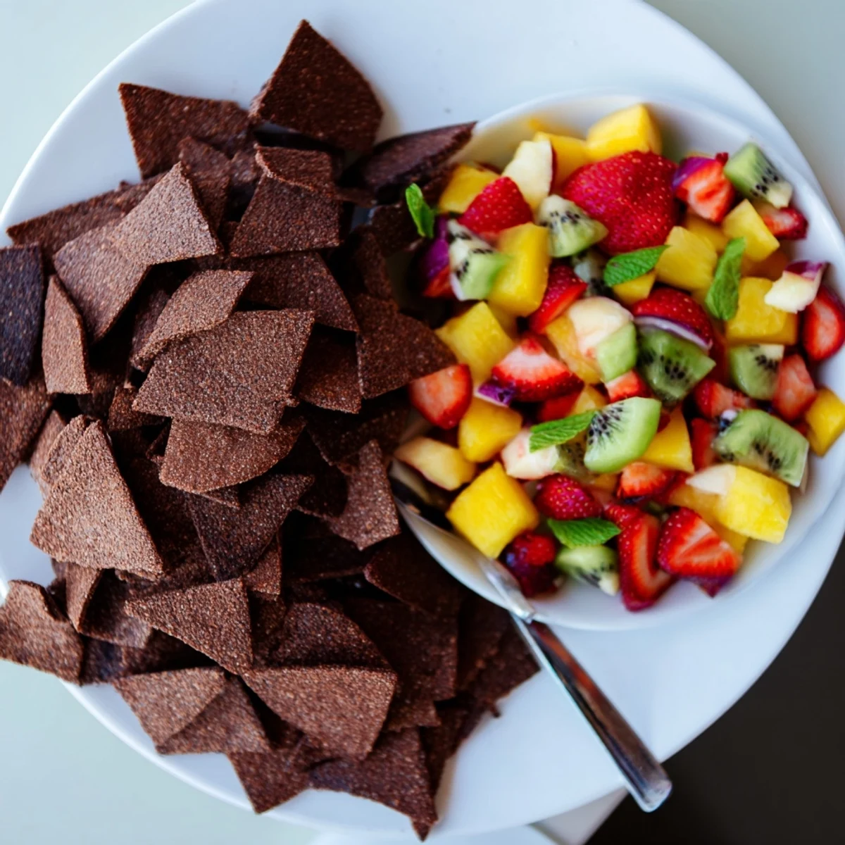 Indulge in crunchy chocolate chips paired with refreshing fruit salsa delight.
